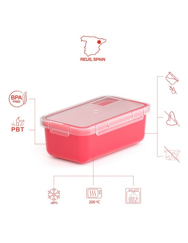 Contenitore ermetico per alimenti utilizzabile in microonde, lavastoviglie e congelatore, da -20ºC a 200ºC, realizzato in materiale termoplastico PBT color lampone